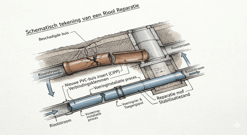 Schema rioolreparatie met PVC-buis
